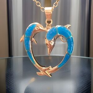 Blue Opal Dolphin Making A Heart In Love Pendant Necklace